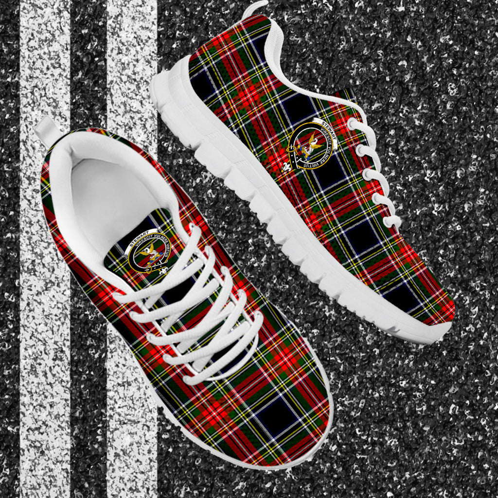 Stewart Black Tartan Sneakers with Family Crest - Tartan Vibes Clothing