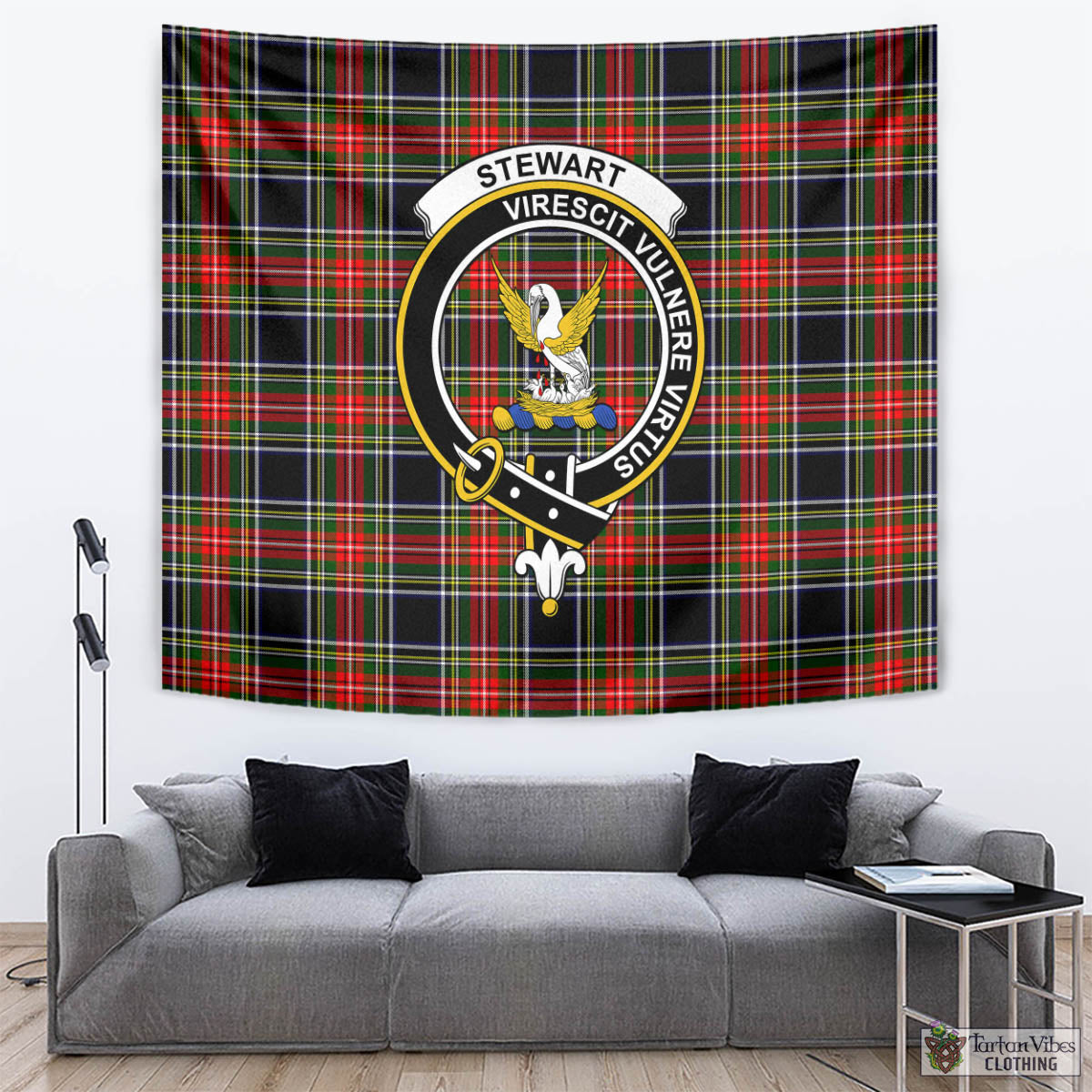 Tartan Vibes Clothing Stewart Black Tartan Tapestry Wall Hanging and Home Decor for Room with Family Crest