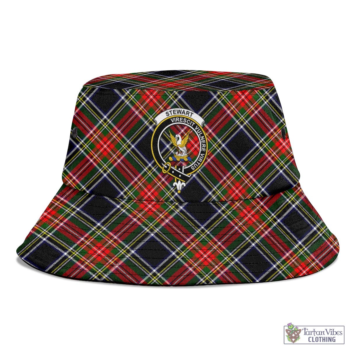 Tartan Vibes Clothing Stewart Black Tartan Bucket Hat with Family Crest