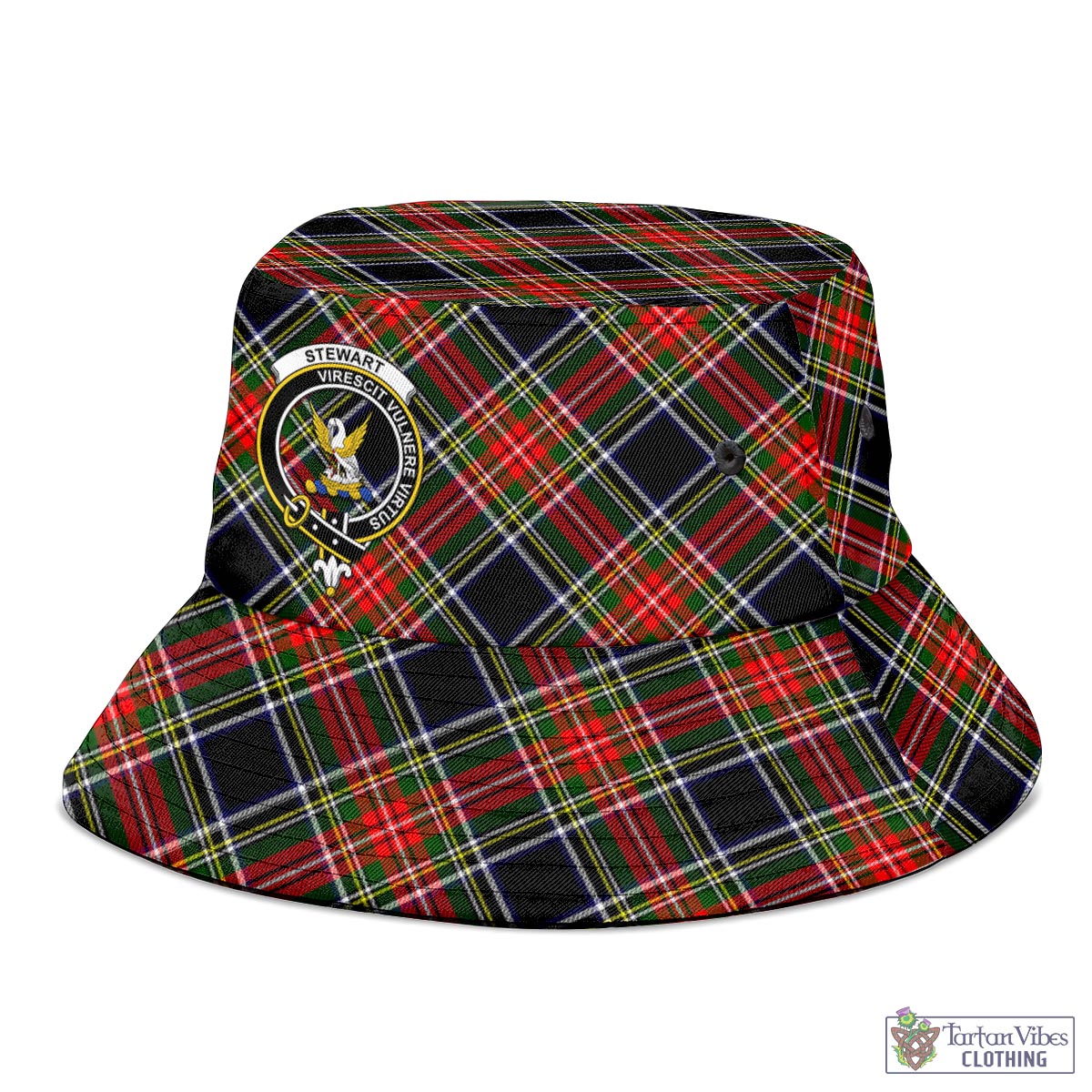 Tartan Vibes Clothing Stewart Black Tartan Bucket Hat with Family Crest