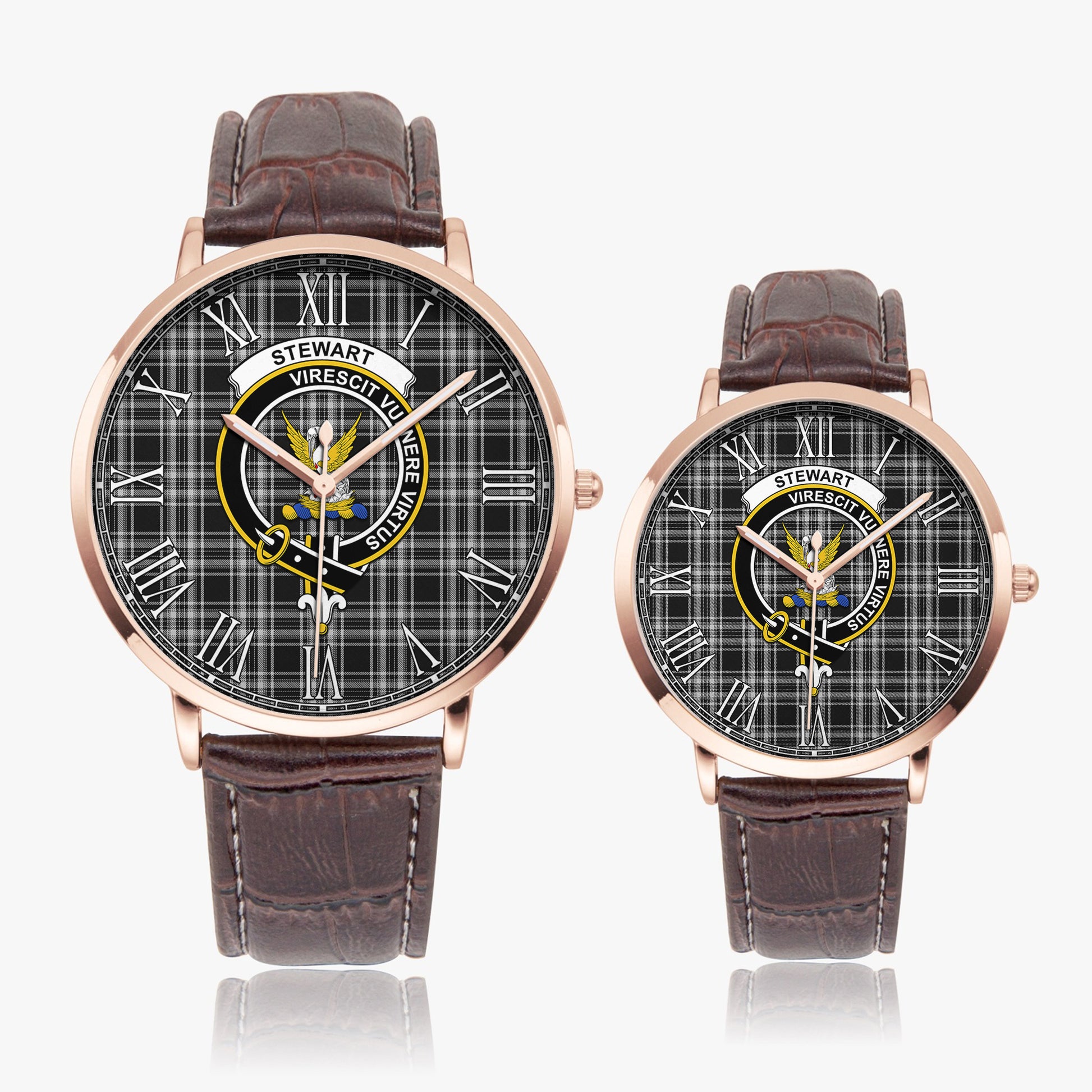 Stewart Black and White Tartan Family Crest Leather Strap Quartz Watch - Tartanvibesclothing