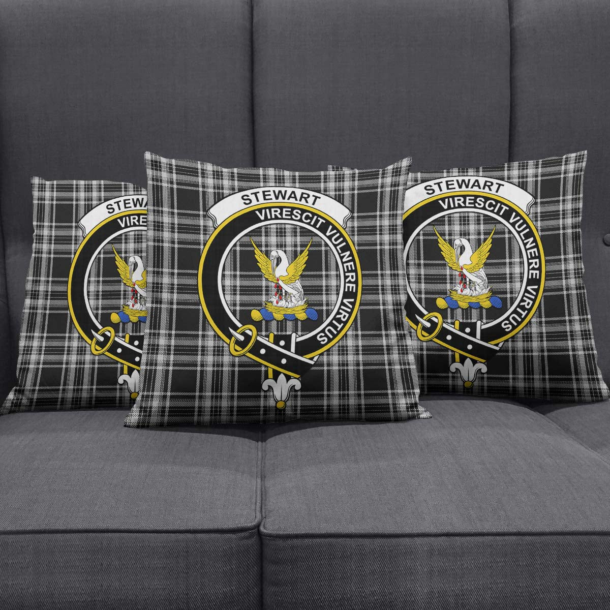 Stewart Black and White Tartan Pillow Cover with Family Crest Square Pillow Cover - Tartanvibesclothing