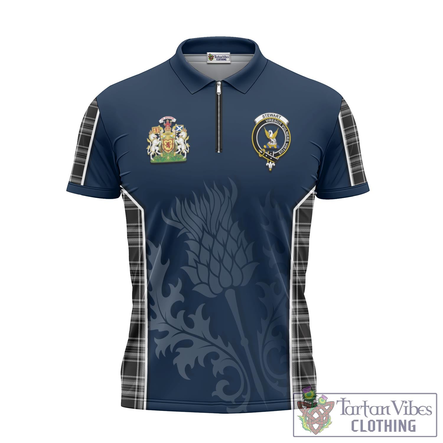 Tartan Vibes Clothing Stewart Black and White Tartan Zipper Polo Shirt with Family Crest and Scottish Thistle Vibes Sport Style