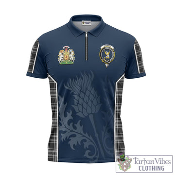 Stewart Black and White Tartan Zipper Polo Shirt with Family Crest and Scottish Thistle Vibes Sport Style