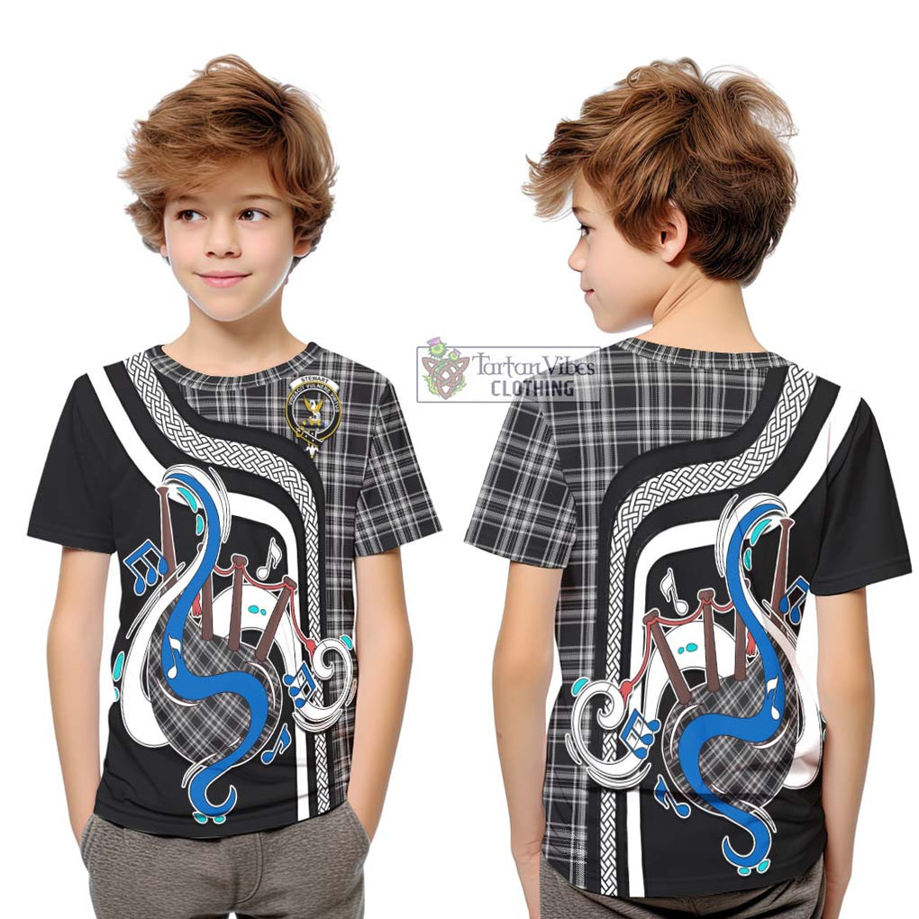 Tartan Vibes Clothing Stewart Black and White Tartan Kid T-Shirt with Epic Bagpipe Style