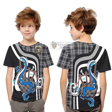 Stewart Black and White Tartan Kid T-Shirt with Epic Bagpipe Style