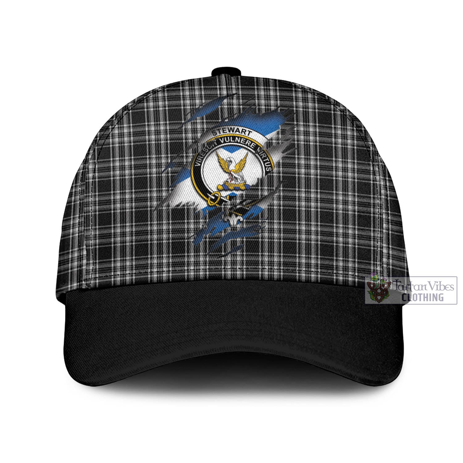 Tartan Vibes Clothing Stewart Black and White Tartan Classic Cap with Family Crest In Me Style