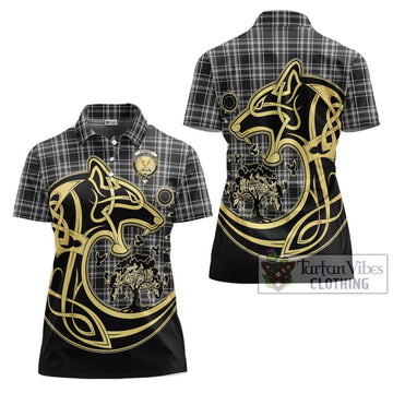 Stewart Black and White Tartan Women's Polo Shirt with Family Crest Celtic Wolf Style