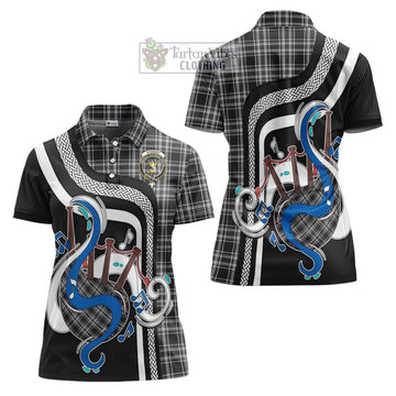 Stewart Black and White Tartan Women's Polo Shirt with Epic Bagpipe Style