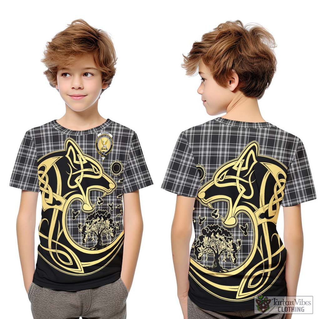 Stewart Black and White Tartan Kid T-Shirt with Family Crest Celtic Wolf Style Youth XL Size14 - Tartan Vibes Clothing