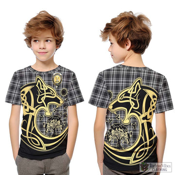 Stewart Black and White Tartan Kid T-Shirt with Family Crest Celtic Wolf Style