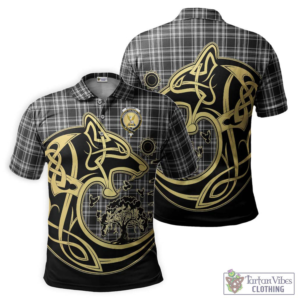 Stewart Black and White Tartan Polo Shirt with Family Crest Celtic Wolf Style Kid - Tartanvibesclothing Shop