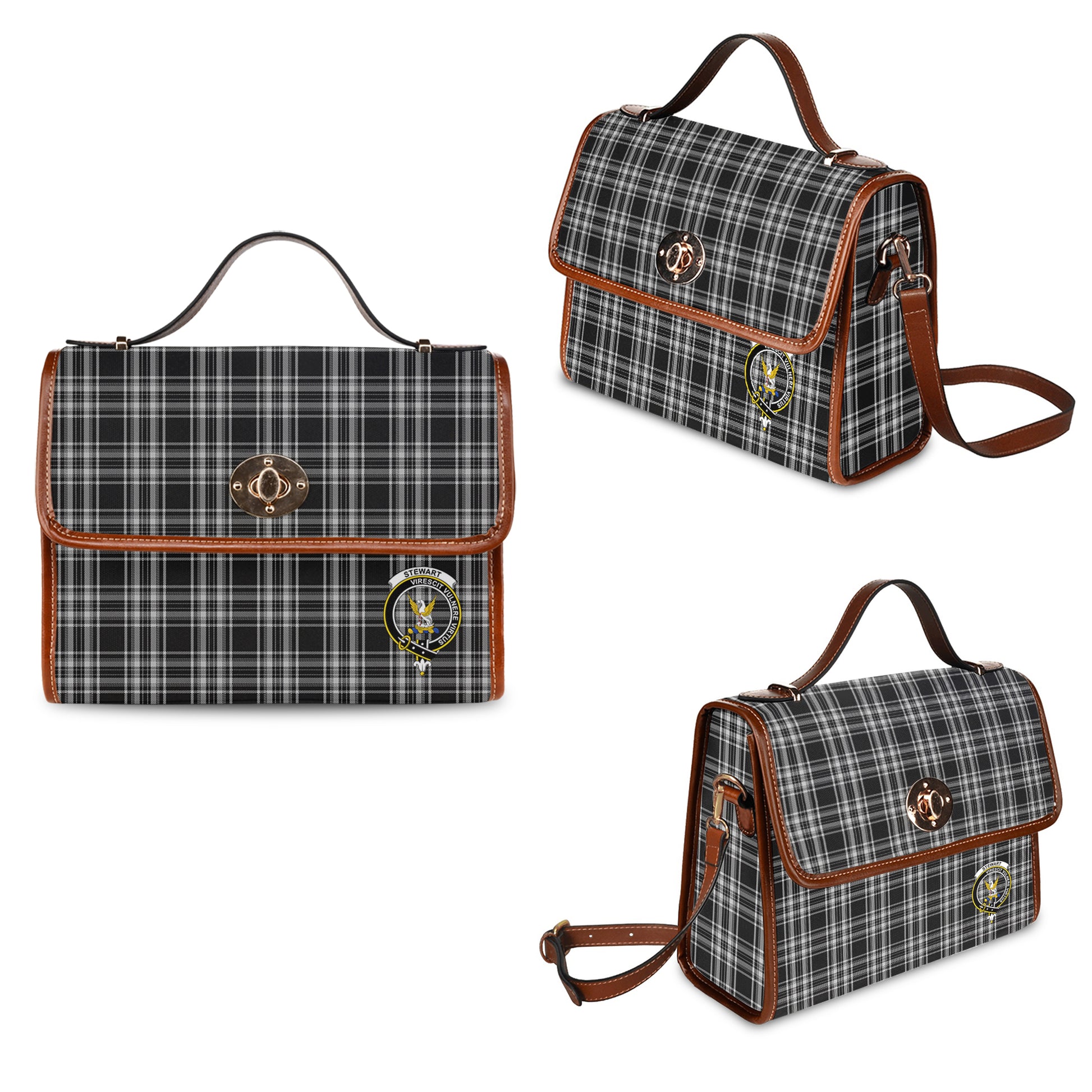 stewart-black-and-white-tartan-leather-strap-waterproof-canvas-bag-with-family-crest