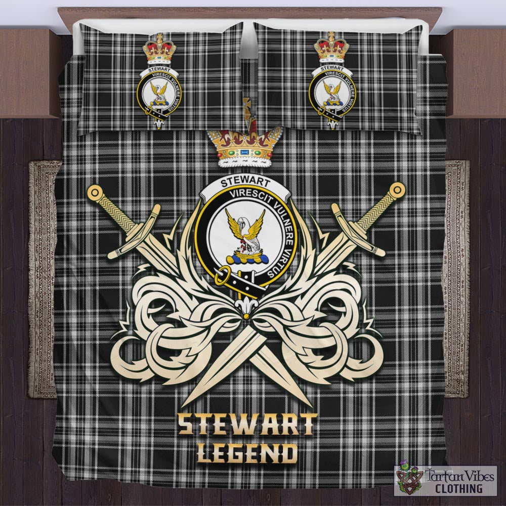 Tartan Vibes Clothing Stewart Black and White Tartan Bedding Set with Clan Crest and the Golden Sword of Courageous Legacy