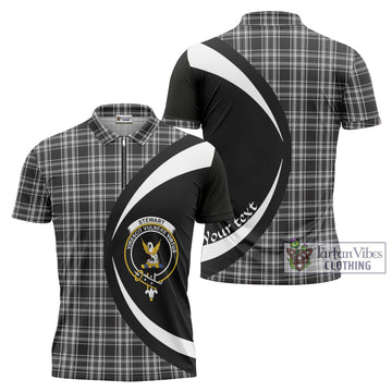 Stewart Black and White Tartan Zipper Polo Shirt with Family Crest Circle Style