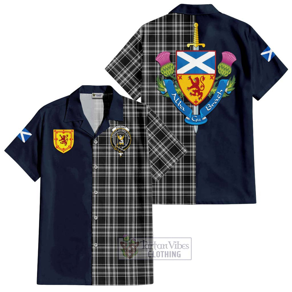 Tartan Vibes Clothing Stewart Black and White Tartan Short Sleeve Button Shirt with Scottish Lion Royal Arm Half Style