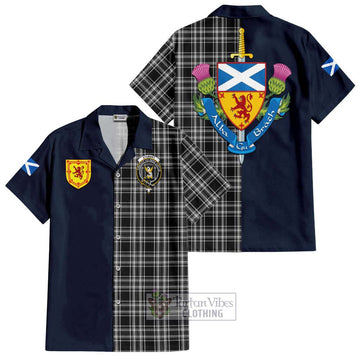 Stewart Black and White Tartan Short Sleeve Button Shirt Alba with Scottish Lion Royal Arm Half Style