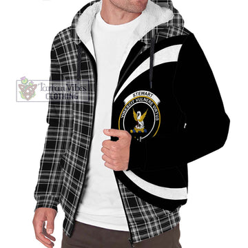 Stewart Black and White Tartan Sherpa Hoodie with Family Crest Circle Style