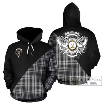 Stewart Black and White Tartan Hoodie with Family Crest and Military Logo Style