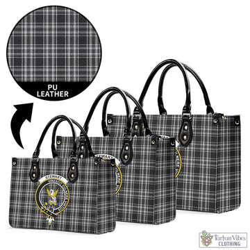 Stewart Black and White Tartan Luxury Leather Handbags with Family Crest