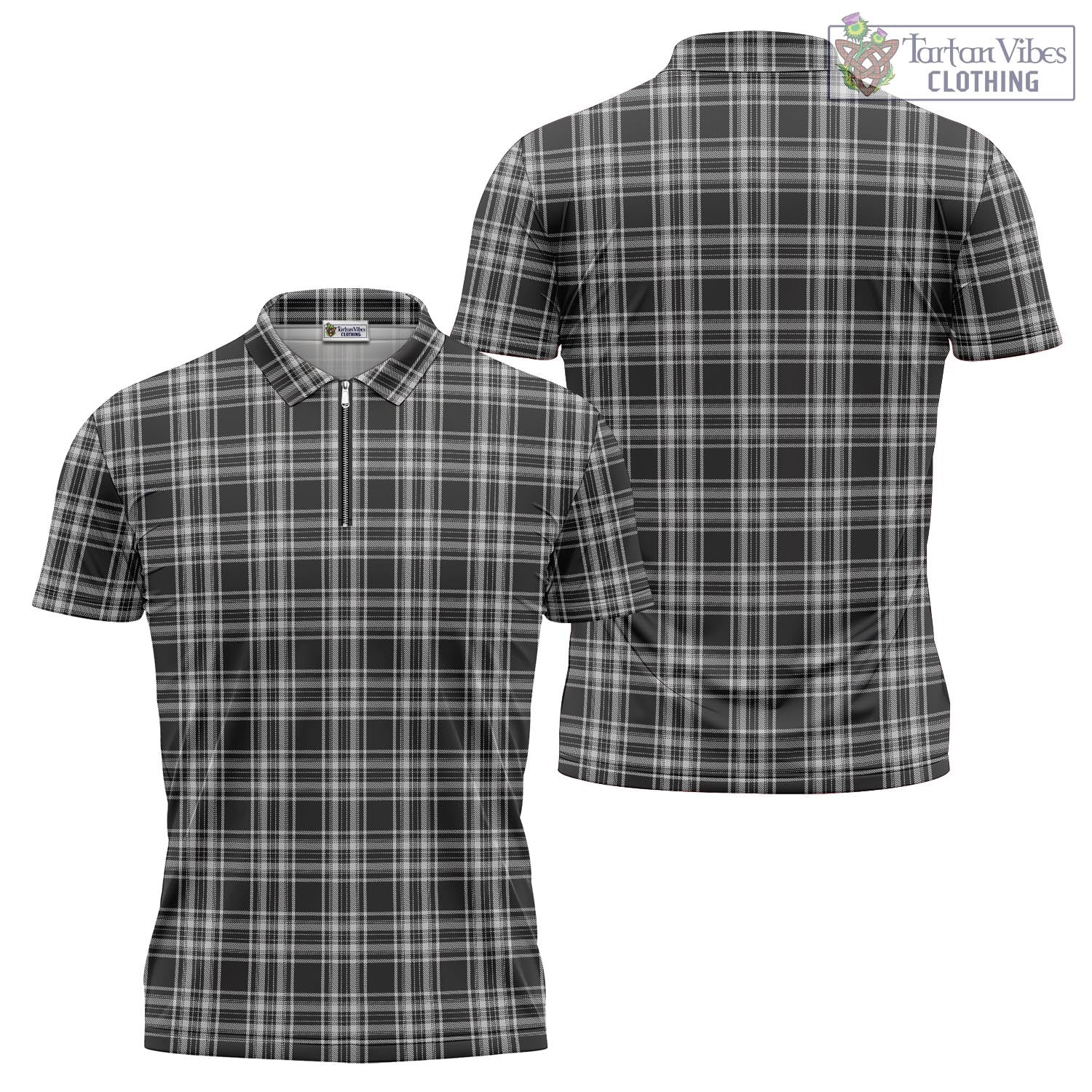 Tartan Vibes Clothing Stewart Black and White Tartan Zipper Polo Shirt