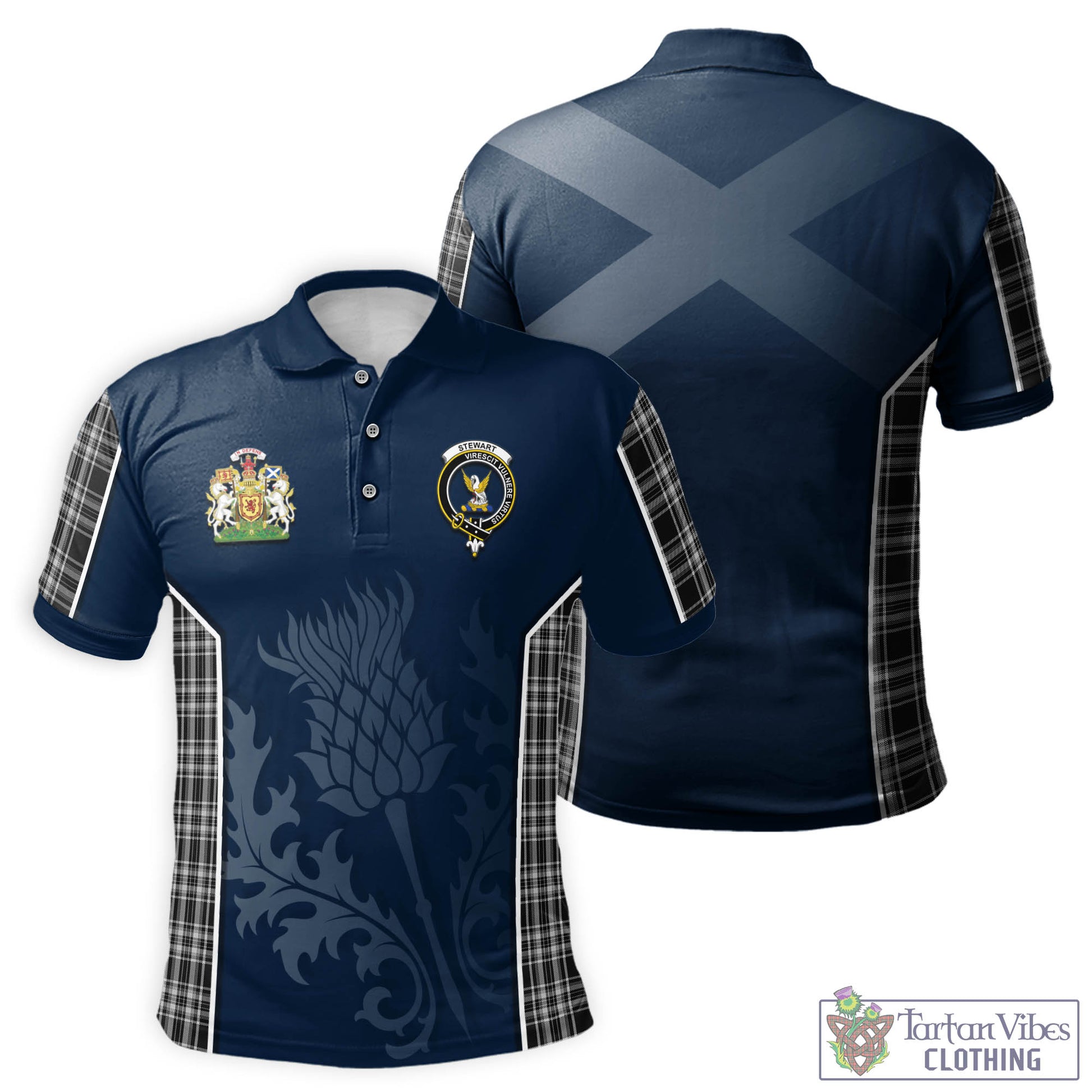 Tartan Vibes Clothing Stewart Black and White Tartan Men's Polo Shirt with Family Crest and Scottish Thistle Vibes Sport Style