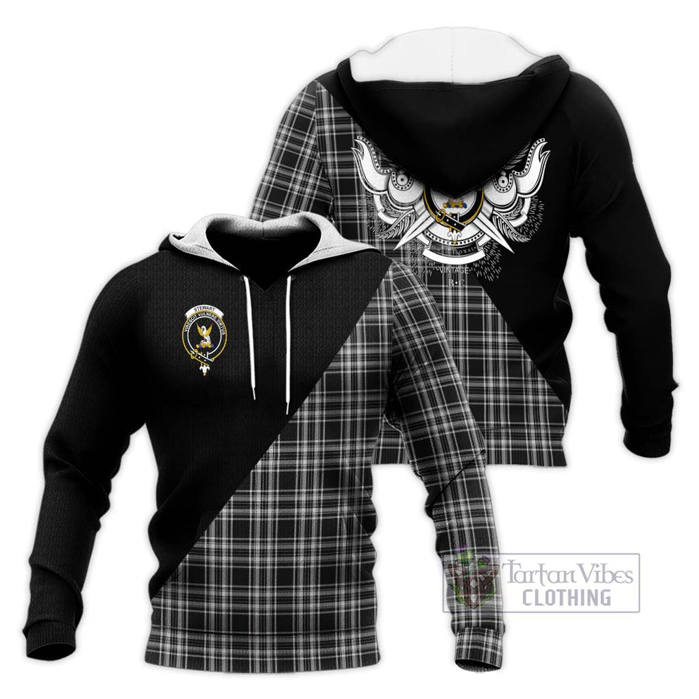 Stewart Black and White Tartan Knitted Hoodie with Family Crest and Military Logo Style Unisex Knitted Pullover Hoodie - Tartanvibesclothing Shop