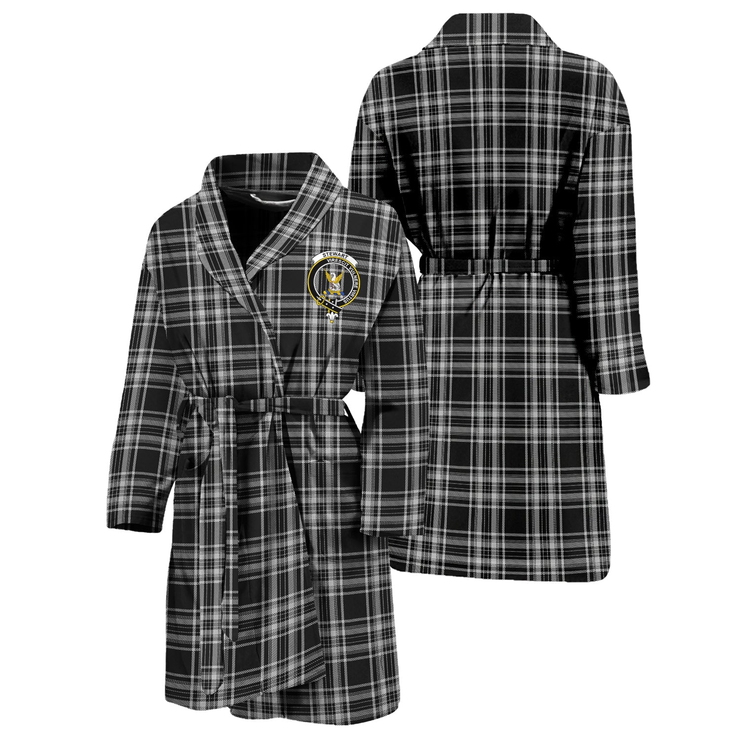 Stewart Black and White Tartan Bathrobe with Family Crest Unisex S - Tartan Vibes Clothing