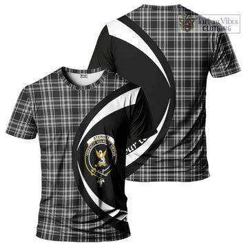 Stewart Black and White Tartan T-Shirt with Family Crest Circle Style