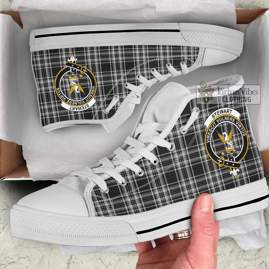 Tartan Vibes Clothing Stewart Black and White Tartan High Top Shoes with Family Crest