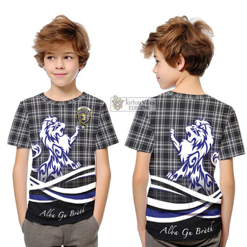 Stewart Black and White Tartan Kid T-Shirt with Alba Gu Brath Regal Lion Emblem