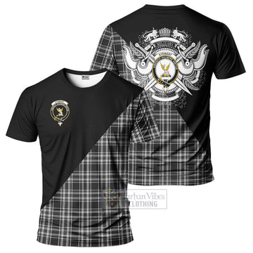 Stewart Black and White Tartan T-Shirt with Family Crest and Military Logo Style