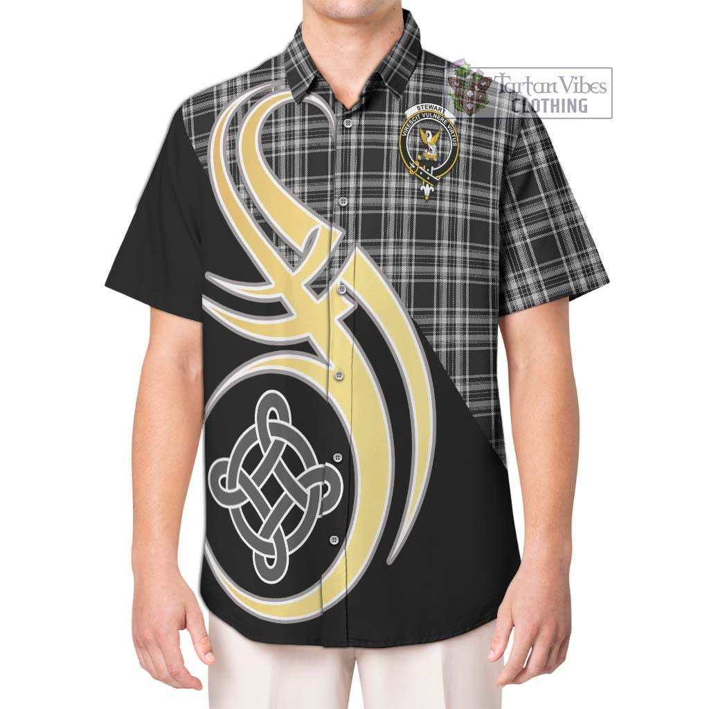 Stewart Black and White Tartan Short Sleeve Button Shirt with Family Crest and Celtic Symbol Style Kid - Tartan Vibes Clothing