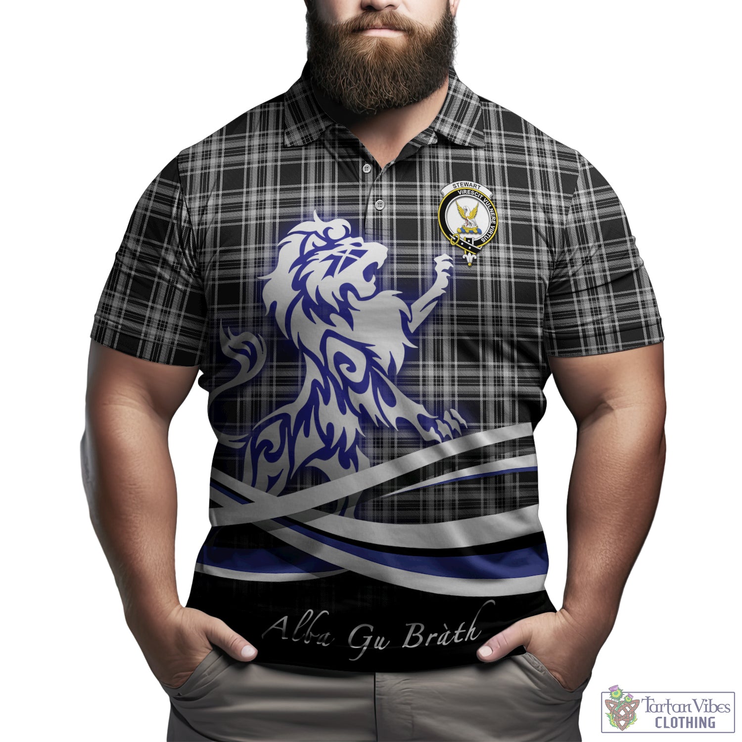 stewart-black-and-white-tartan-polo-shirt-with-alba-gu-brath-regal-lion-emblem