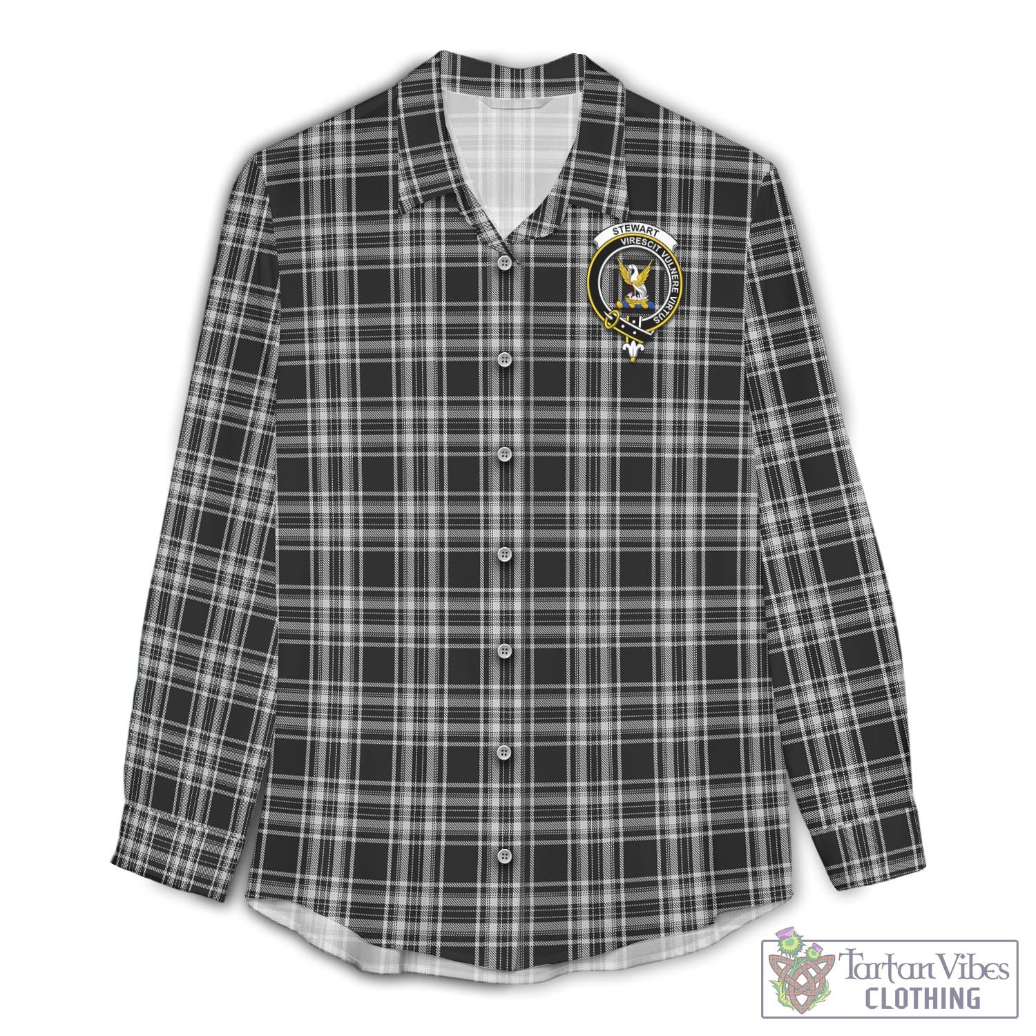 Tartan Vibes Clothing Stewart Black and White Tartan Womens Casual Shirt with Family Crest