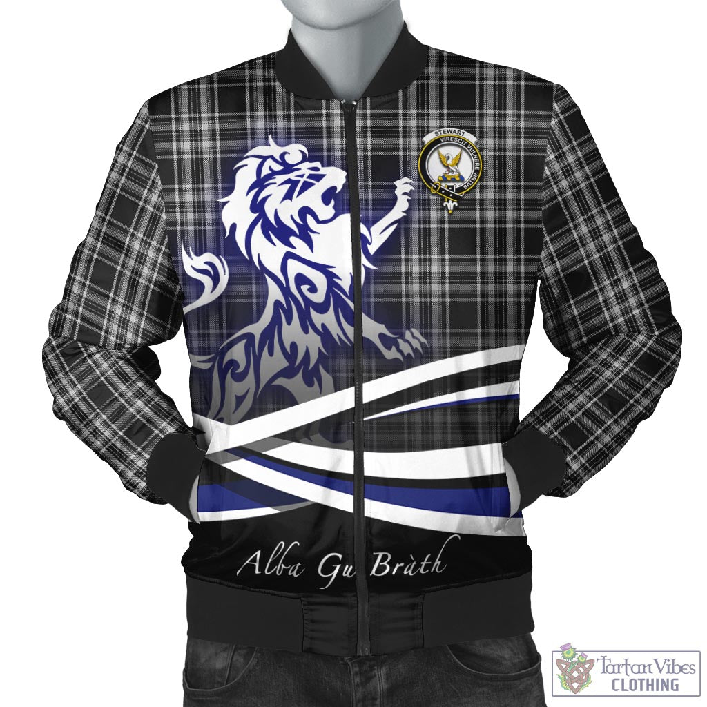 Tartan Vibes Clothing Stewart Black and White Tartan Bomber Jacket with Alba Gu Brath Regal Lion Emblem