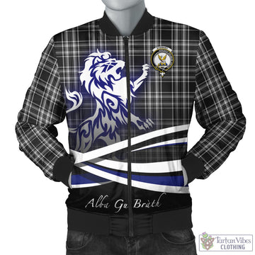 Stewart Black and White Tartan Bomber Jacket with Alba Gu Brath Regal Lion Emblem