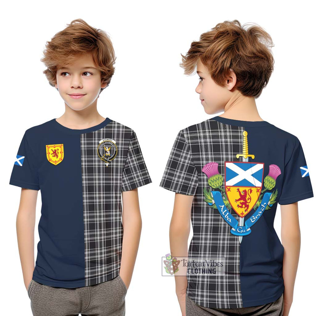 Tartan Vibes Clothing Stewart Black and White Tartan Kid T-Shirt with Scottish Lion Royal Arm Half Style