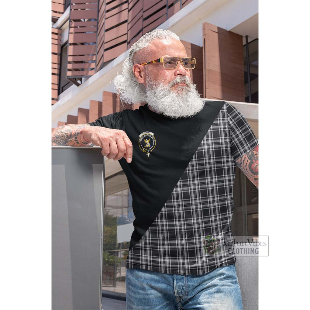 Tartan Vibes Clothing Stewart Black and White Tartan Cotton T-shirt with Family Crest and Military Logo Style