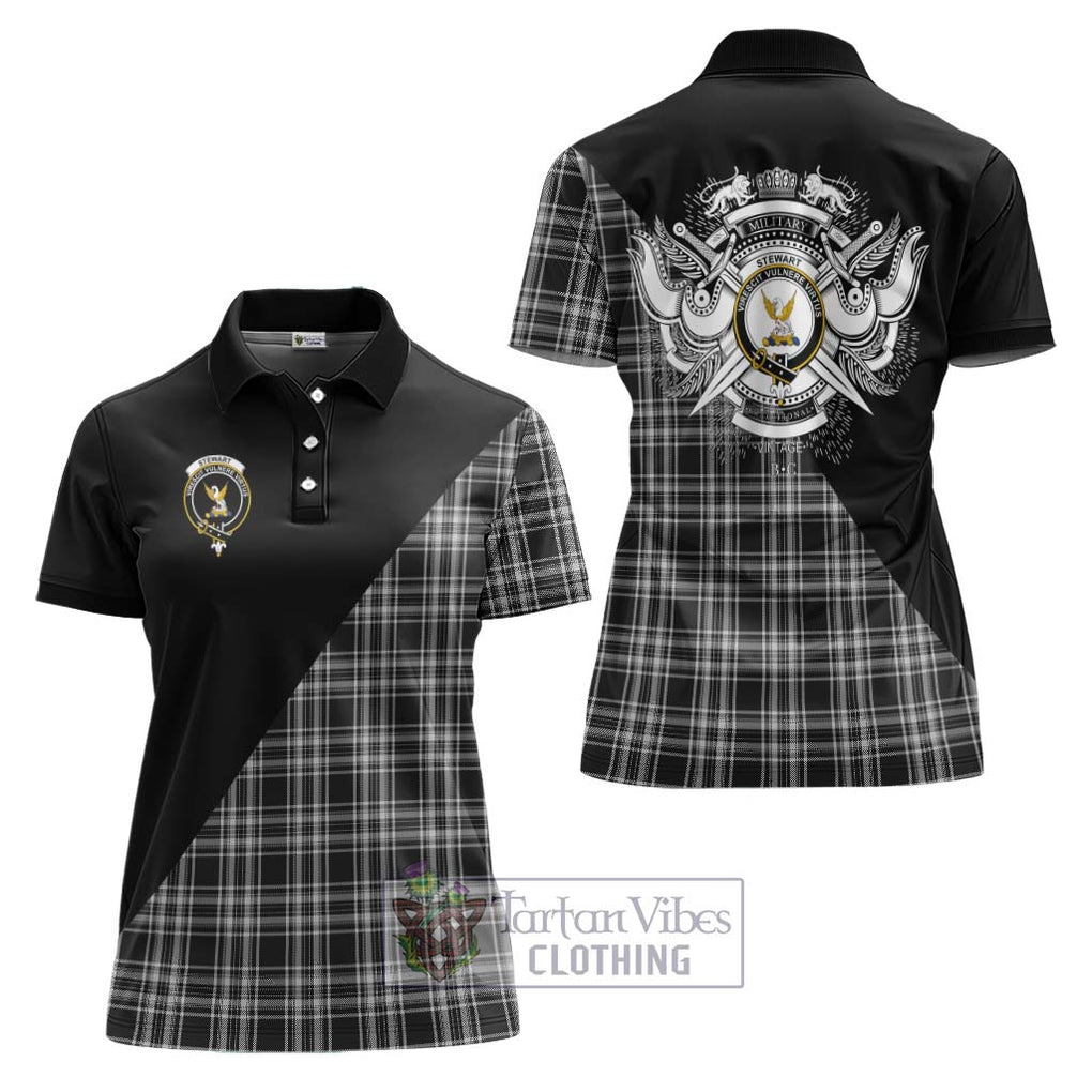 Stewart Black and White Tartan Women's Polo Shirt with Family Crest and Military Logo Style Women - Tartanvibesclothing Shop