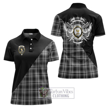 Stewart Black and White Tartan Women's Polo Shirt with Family Crest and Military Logo Style