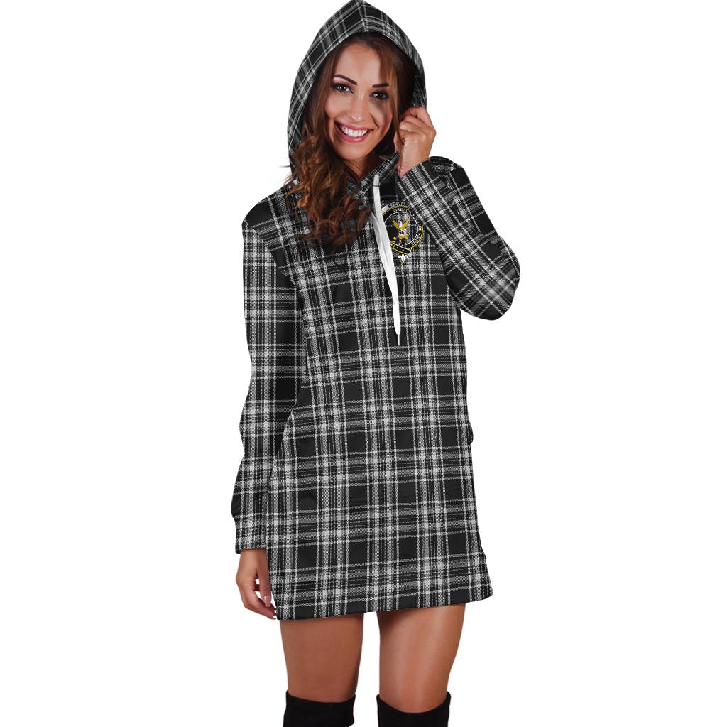 Stewart Black and White Tartan Hoodie Dress with Family Crest - Tartan Vibes Clothing