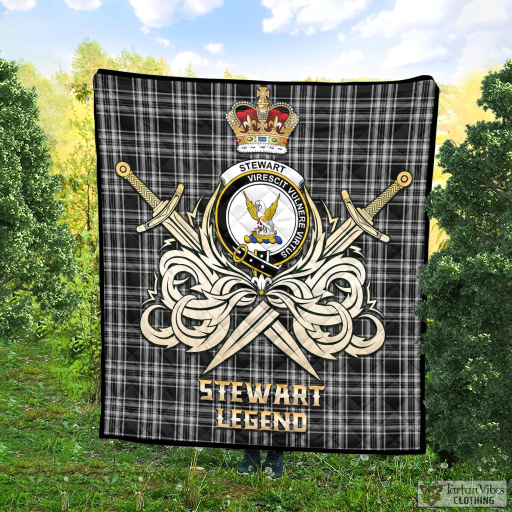 Tartan Vibes Clothing Stewart Black and White Tartan Quilt with Clan Crest and the Golden Sword of Courageous Legacy