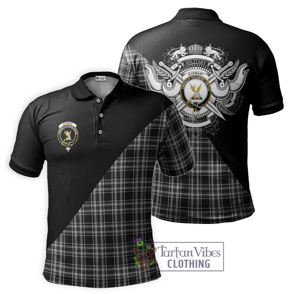 Stewart Black and White Tartan Polo Shirt with Family Crest and Military Logo Style Kid - Tartanvibesclothing Shop