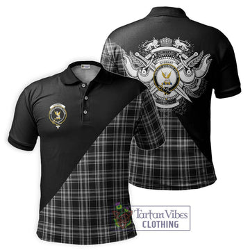 Stewart Black and White Tartan Polo Shirt with Family Crest and Military Logo Style