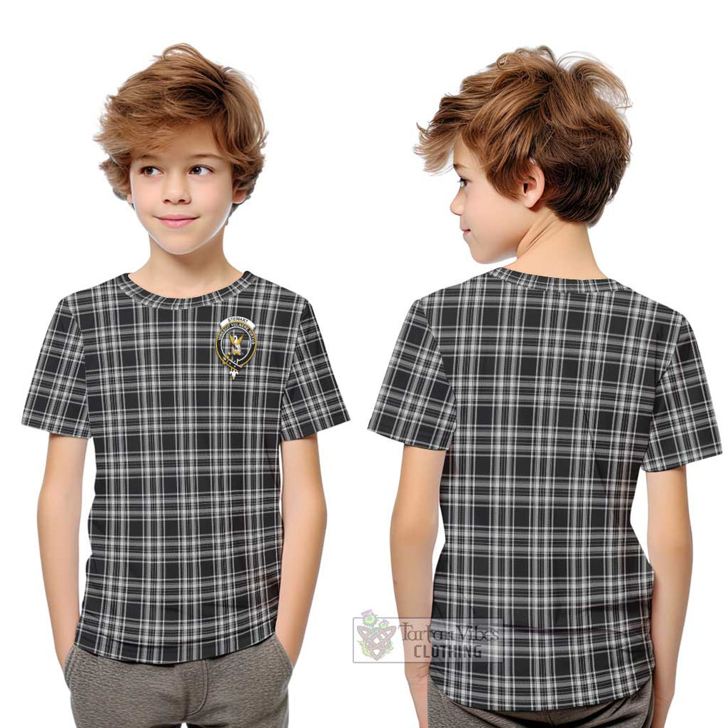 Stewart Black and White Tartan Kid T-Shirt with Family Crest Youth XL Size14 - Tartanvibesclothing Shop