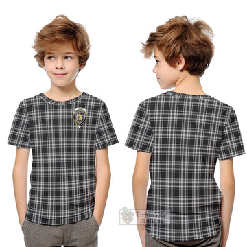 Stewart Black and White Tartan Kid T-Shirt with Family Crest