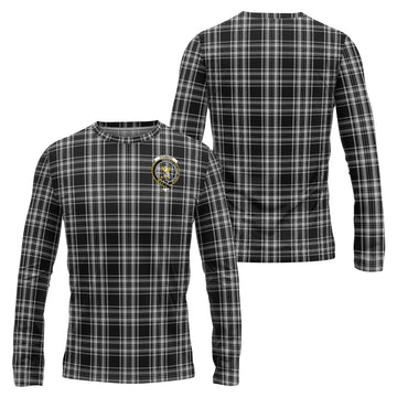 Stewart Black and White Tartan Long Sleeve T-Shirt with Family Crest