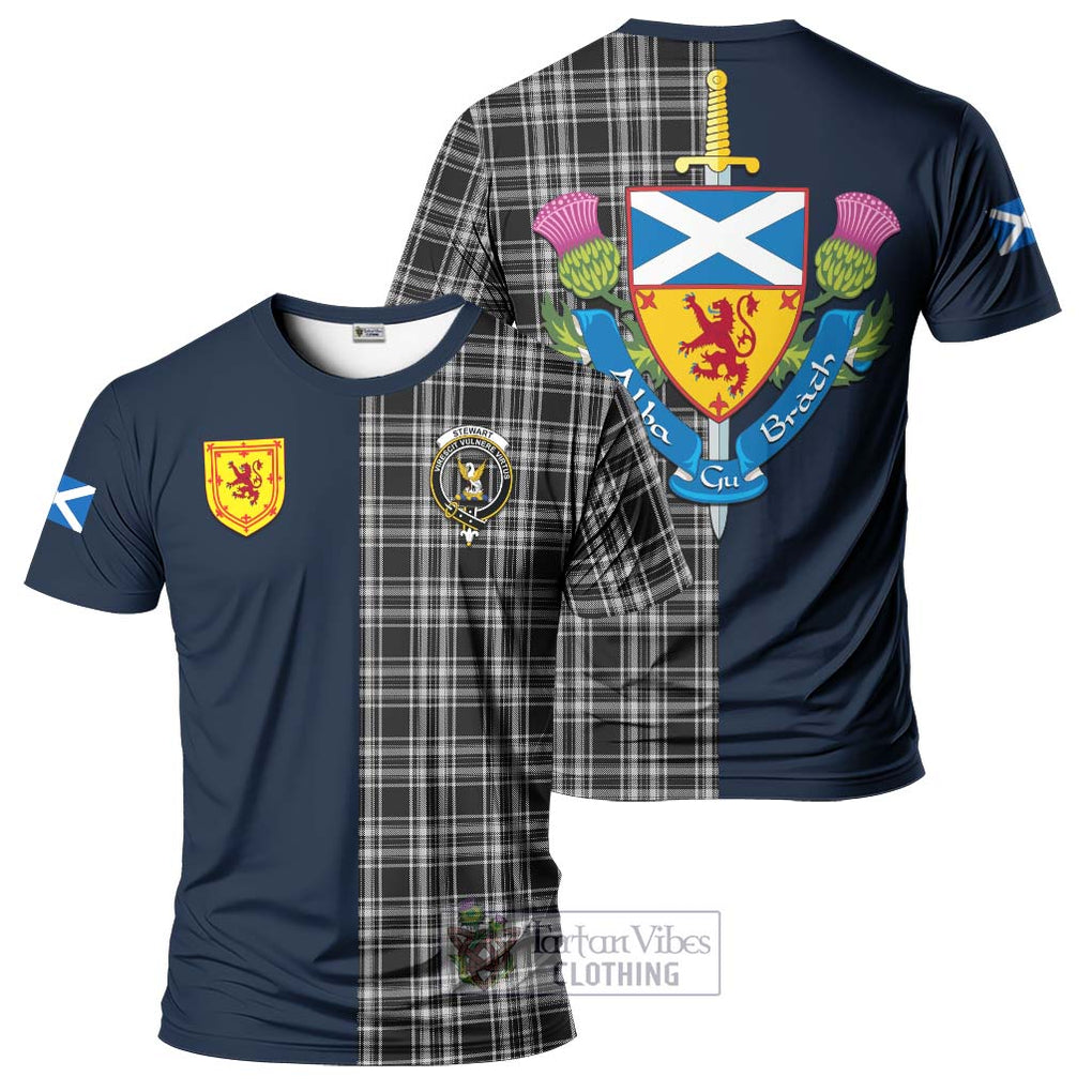 Tartan Vibes Clothing Stewart Black and White Tartan T-Shirt Alba with Scottish Lion Royal Arm Half Style