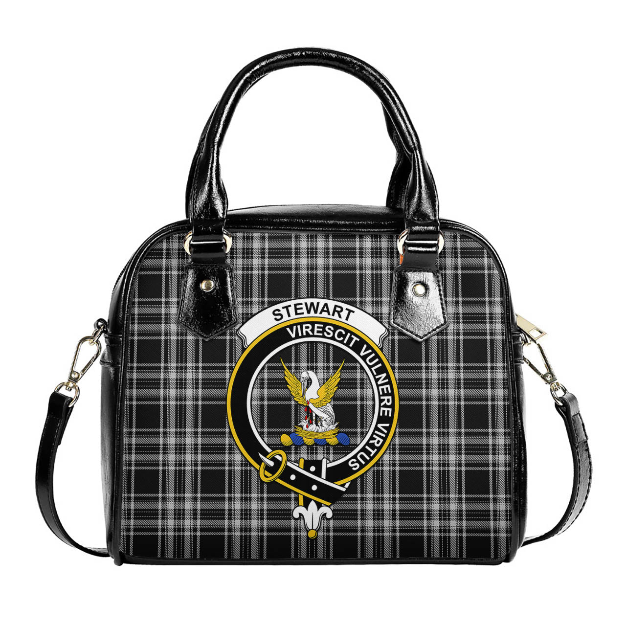 Stewart Black and White Tartan Shoulder Handbags with Family Crest One Size 6*25*22 cm - Tartanvibesclothing